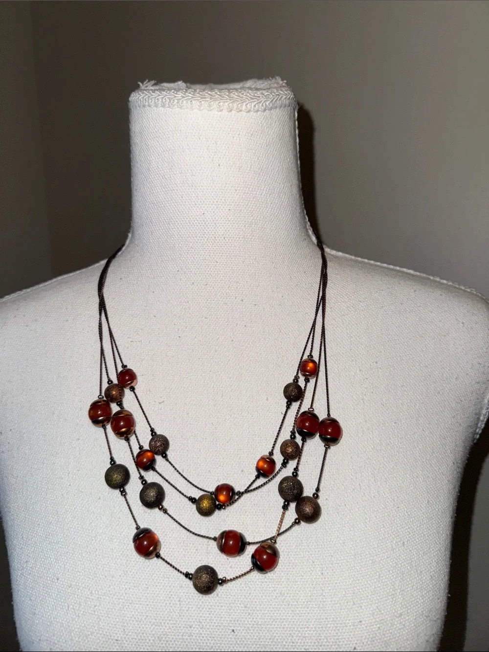 Multi-Strand Brown and Amber Beaded Necklace - 23” length